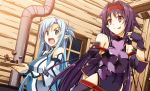  2girls :p asuna_(sao) asuna_(sao-alo) black_gloves blue_eyes blue_hair candy covered_navel detached_sleeves fingerless_gloves food gloves hairband highres looking_at_another multiple_girls open_mouth pointy_ears purple_hair red_eyes revision shikei sword_art_online tongue tongue_out window yuuki_(sao) 