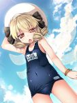  1girl black_ribbon blonde_hair blue_sky blush chestnut_mouth chima_q clouds cloudy_sky covered_navel day drill_hair fairy_wings hat hat_ribbon highres long_hair luna_child outdoors red_eyes ribbon school_swimsuit sky solo standing swimsuit touhou white_hat wings 