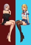  2girls bare_shoulders barefoot black_skirt blonde_hair blue_skirt breasts cleavage crop_top glasses highres invisible_chair legs_together looking_at_viewer midriff miniskirt multiple_girls navel neckerchief original pleated_skirt pointy_ears red_eyes school_uniform shiraha_(pixiv10239953) silver_hair sitting skirt smile tattoo thigh-highs watch watch 