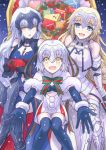  3girls bag blonde_hair blue_eyes blush dual_persona fate/grand_order fate_(series) headpiece jeanne_alter jeanne_alter_(santa_lily)_(fate) long_hair looking_at_viewer multiple_girls navel ruler_(fate/apocrypha) sanada_(teketo) short_hair smile thigh-highs yellow_eyes 