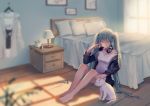  1girl barefoot bed bedroom cat hatsune_miku headphones headphones_around_neck highres long_hair mimengfeixue off_shoulder plant potted_plant sitting twintails very_long_hair vocaloid window 