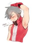  1boy arm_up armpits bird_keeper_(pokemon) blush clenched_teeth closed_eyes gloves high_collar imoden male_focus npc npc_trainer pokemon pokemon_(game) pokemon_oras red_gloves shirt short_hair silver_hair simple_background sleeveless sleeveless_shirt solo teeth upper_body white_background 