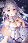  1girl bare_shoulders breasts cleavage commentary_request crying crying_with_eyes_open elf emilia_(re:zero) flower gio_(maroon0924) hair_flower hair_ornament hair_ribbon hand_holding hand_on_own_chest long_hair looking_at_viewer medium_breasts open_mouth pointy_ears pov re:zero_kara_hajimeru_isekai_seikatsu ribbon silver_hair tears upper_body violet_eyes 