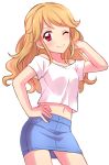  1girl absurdres aikatsu! character_request hand_on_hip highres long_hair looking_at_viewer midriff navel one_eye_closed pencil_skirt red_eyes sekina simple_background skirt smile solo white_background 