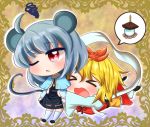  2girls ;o ahoge animal_ears bishamonten&#039;s_pagoda black_dress black_ribbon black_shoes blonde_hair blush capelet chibi closed_eyes dress full_body grey_hair hagoromo hair_ornament long_sleeves mouse_ears mouse_tail multiple_girls nazrin neck_ribbon one_eye_closed open_mouth red_eyes ribbon sash shawl shinyafuru shoes short_hair spoken_object squiggle tail toramaru_shou touhou white_legwear wide_sleeves xo 