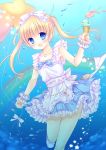  1girl blonde_hair blue_eyes collarbone dress eyebrows eyebrows_visible_through_hair fang fish food frilled_skirt frills hair_ribbon holding ice_cream jewelry long_hair mizuse_ruka necklace open_mouth original ribbon skirt solo twintails underwater white_dress white_ribbon 