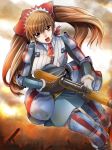  1girl alicia_melchiott artist_request brown_eyes brown_hair gun holding holding_gun holding_weapon long_hair looking_at_viewer military military_uniform open_mouth riffle senjou_no_valkyria senjou_no_valkyria_1 solo thigh-highs twintails uniform watermark weapon 