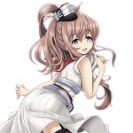  1girl :d ass blue_eyes brown_hair commentary_request eyebrows_visible_through_hair funnel garter_straps grey_eyes headgear kantai_collection long_hair looking_at_viewer open_mouth ponytail red_legwear red_neckerchief saratoga_(kantai_collection) side_ponytail simple_background smile solo thigh-highs tk8d32 white_background 