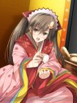  1girl alicia_melchiott artist_request bread brown_eyes brown_hair food hair_ornament japanese_clothes long_hair looking_at_viewer open_mouth senjou_no_valkyria senjou_no_valkyria_1 solo twintails watermark 