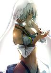  1girl altera_(fate) artist_name bare_shoulders black_nails breasts closed_eyes commentary_request dark_skin detached_sleeves fate/extella fate/extra fate_(series) from_side jewelry midriff nail_polish navel nina_(pastime) ring small_breasts solo veil white_background white_hair 