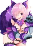  1girl alternate_costume animal_ears black_panties blush breasts commentary cowboy_shot elbow_gloves eyebrows_visible_through_hair fangs fate/grand_order fate_(series) fur-trimmed_gloves fur-trimmed_legwear fur_collar gloves green_gloves hair_over_one_eye halloween_costume heart highres large_breasts looking_at_viewer navel o-ring_top open_mouth panties paw_pose pink_ribbon purple_hair ribbon shielder_(fate/grand_order) shiime shiny shiny_hair shiny_skin short_hair simple_background smile solo tail teeth thigh-highs thighs translated underwear violet_eyes white_background wolf_ears wolf_tail 