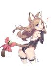 1girl animal_ears ass bare_shoulders bell black_gloves blue_eyes blush bow brown_hair cat_ears cat_tail elbow_gloves fingerless_gloves gloves heart jingle_bell kakiman leotard long_hair looking_at_viewer open_mouth original paw_pose simple_background slit_pupils solo tail tail_bell tail_bow thigh-highs white_background white_legwear 