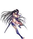 1girl armor armored_boots azami_(sennen_sensou_aigis) bikini_armor black_hair boots breasts eyepatch fishnets full_body green_eyes high_heels highres holding holding_sword holding_weapon large_breasts long_hair looking_at_viewer mole mole_under_eye official_art parted_lips sennen_sensou_aigis solo sword transparent_background very_long_hair weapon