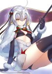  1girl ahoge ato_(haru_ato) bell black_gloves black_legwear breasts capelet eyebrows eyebrows_visible_through_hair fate/grand_order fate_(series) gloves highres jeanne_alter jeanne_alter_(santa_lily)_(fate) long_hair looking_at_viewer medium_breasts ruler_(fate/apocrypha) silver_hair simple_background sitting solo thigh-highs weapon white_background yellow_eyes 