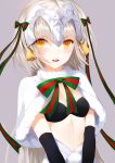 1girl bangs bell black_gloves blush breasts capelet elbow_gloves eyebrows_visible_through_hair fate/grand_order fate_(series) fur_trim gloves green_ribbon grey_background hair_ribbon headpiece jeanne_alter jeanne_alter_(santa_lily)_(fate) long_hair looking_at_viewer medium_breasts open_mouth red_ribbon ribbon ruler_(fate/apocrypha) silver_hair simple_background smile solo striped striped_ribbon teeth upper_body yumaomi 