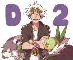  1boy arm_tattoo chains countdown crossed_arms gold_chain guzuma_(pokemon) hood hoodie oranguru passimian pokemon pokemon_(creature) pokemon_(game) pokemon_sm simple_background sleeves_pushed_up smirk ssalbulre sunglasses tattoo upper_body watch watch white_background white_hair 