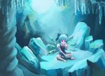  1girl barefoot blue_dress blue_eyes blue_hair bow cave cirno commentary dress eating faux_traditional_media food hair_bow highres ice ice_cream ice_wings looking_down puffy_short_sleeves puffy_sleeves reddizen ribbon short_hair short_sleeves sitting solo spoon stalactite touhou wings 