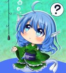  1girl ? ahoge blue_hair blush chibi fish_tail fishing_hook fishing_line fishing_lure full_body head_fins japanese_clothes kimono long_sleeves looking_at_another mermaid monster_girl obi parted_lips ringlets sash shinyafuru solo spoken_question_mark touhou underwater wakasagihime wide_sleeves 