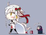  1boy 1girl ahoge bell black_gloves black_hair black_legwear blonde_hair blush bow box busoushinkimms capelet caster_(fate/zero) chibi commentary_request elbow_gloves fate/grand_order fate_(series) fur_trim gift gift_box gilles_de_rais_(fate/grand_order) gloves hair_ribbon headpiece helmet highres jeanne_alter jeanne_alter_(santa_lily)_(fate) long_hair ribbon ruler_(fate/apocrypha) sack striped striped_bow translated yellow_eyes younger 