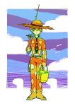  1boy belt bird blonde_hair blue_eyes bucket clouds dododo_dadada expressionless fishing_rod food fruit full_body hat jojo_no_kimyou_na_bouken male_focus necktie pannacotta_fugo seagull solo strawberry sun_hat 