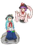 2girls :&gt; absurdres al_bhed_eyes black_boots black_hat black_skirt blue_hair blue_skirt boots bow bowtie capelet chamaji cross-laced_footwear food frills fruit hat hat_bow hat_leaf heart heart-shaped_pupils highres hinanawi_tenshi keystone long_hair long_skirt long_sleeves looking_at_viewer multiple_girls nagae_iku peach pink_shirt puffy_short_sleeves puffy_sleeves purple_hair red_bow red_bowtie red_eyes shirt short_hair short_sleeves simple_background sitting skirt smile symbol-shaped_pupils touhou white_background white_shirt