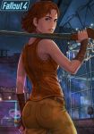  1girl ass barbed_wire bare_shoulders blue_eyes breasts cait_(fallout_4) fallout fallout_4 gun looking_back neon_lights over_shoulder pants redhead short_hair shotgun solo vest weapon weapon_over_shoulder wrist_guards yorimitsu 