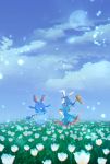  1girl animal_ears azumarill blue_dress blue_hair blue_sky clouds cloudy_sky crescent crescent_print dress field flower flower_field frilled_dress frilled_sleeves frills hand_on_hip jumping kine light_particles moon nin_(female) pokemon pokemon_(creature) puffy_short_sleeves puffy_sleeves rabbit_ears red_eyes seiran_(touhou) short_sleeves sky star star_print touhou white_flower white_skin 