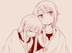  2girls :/ blush brown closed_mouth collarbone eyebrows eyebrows_visible_through_hair hair_between_eyes head_tilt hinata_yukari hirame_guard ichii_yui long_hair looking_away low_twintails monochrome multiple_girls open_mouth shared_blanket sleeping sleeves_past_wrists sweater twintails yuyushiki 