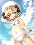  1girl bikini black_ribbon blonde_hair blue_sky blush chestnut_mouth chima_q clouds cloudy_sky day drill_hair fairy_wings flat_chest hat hat_ribbon highres long_hair luna_child navel one-piece_tan outdoors red_eyes ribbon side-tie_bikini sky solo standing swimsuit tan tanline touhou white_bikini white_hat wings 