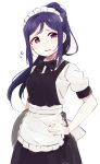  1girl alternate_costume apron blue_hair enmaided hand_on_hip highres long_hair love_live! love_live!_sunshine!! maid maid_headdress matsuura_kanan ponytail totoki86 tray violet_eyes white_background 