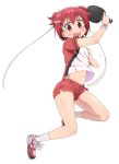  1girl flying_sweatdrops hair_ornament hair_ribbon hairclip holding navel official_art open_mouth paddle red_eyes redhead ribbon shakunetsu_no_takkyuu_musume shoes short_sleeves short_twintails shorts simple_background sneakers sweat table_tennis_paddle tsumujikaze_koyori twintails white_background wristband 