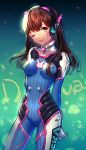  1girl arms_behind_back backlighting bangs blue_background bodysuit breasts brown_hair bunny_print character_name clothes_writing cowboy_shot d.va_(overwatch) facepaint facial_mark fuji_minako gradient gradient_background green_background headphones high_collar highres light_particles long_hair looking_at_viewer medium_breasts one_eye_closed overwatch parted_lips pilot_suit ribbed_bodysuit shiny shiny_clothes shoulder_pads skin_tight smile solo swept_bangs whisker_markings 