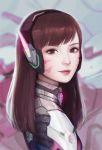  1girl bangs blurry bodysuit breasts brown_eyes brown_hair bunny_print d.va_(overwatch) depth_of_field eyelashes face facepaint facial_mark from_side glowing headphones high_collar jiayue_wu lips long_hair looking_at_viewer looking_to_the_side mecha meka_(overwatch) nose overwatch pilot_suit portrait realistic ribbed_bodysuit shoulder_pads skin_tight small_breasts smile solo swept_bangs whisker_markings 