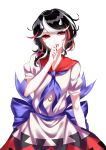  1girl absurdres black_hair blood blood_from_mouth dress fangs finger_to_mouth highres horns kijin_seija multicolored_hair neckerchief puffy_short_sleeves puffy_sleeves red_eyes sailor_collar sash sheya short_sleeves streaked_hair touhou white_dress 