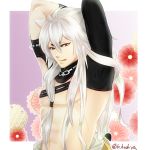  1boy animal_ears arms_up bare_chest floral_background fox_ears kogitsunemaru male_focus red_eyes shirtless solo tongue tongue_out touken_ranbu twitter_username umeno_umeko upper_body white_hair 