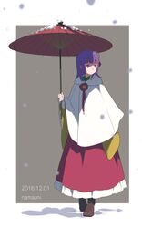  1girl 2016 artist_name bangs blunt_bangs boots brown_boots cloak cross-laced_footwear dated expressionless full_body grey_background hieda_no_akyuu highres looking_to_the_side namauni oriental_umbrella purple_hair red_skirt red_umbrella short_hair sidelocks skirt snow snowing solo touhou umbrella violet_eyes walking wide_sleeves 