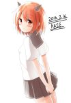  1girl 2016 arms_behind_back black_skirt dated eyebrows eyebrows_visible_through_hair hands_together highres horns kaieee looking_at_viewer looking_back orange_eyes orange_hair original pleated_skirt shirt short_hair simple_background skirt solo white_background white_shirt 