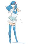  1girl ;o arm_behind_back bangs bare_shoulders blue_eyes blue_hair blue_legwear brionne collarbone dress eyebrows_visible_through_hair flat_chest flower full_body hair_between_eyes hair_flower hair_ornament kz_609 long_hair one_eye_closed open_mouth personification pink_pupils pokemon pokemon_(game) pokemon_sm shadow simple_background solo standing thigh-highs white_background wristband zettai_ryouiki 
