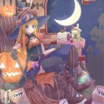  1girl black_gloves black_legwear blonde_hair blue_eyes breasts cleavage dress gloves halloween hat highres holding long_hair looking_at_viewer madou_monogatari moon pumpkin puyopuyo sitting small_breasts solo thigh-highs waichi2424 witch_(puyopuyo) witch_hat 