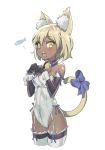  1girl animal_ears bare_shoulders bell bell_collar black_gloves blonde_hair blush bow breasts cat_ears cat_tail collar dark_skin elbow_gloves garter_straps gloves jingle_bell kakiman leotard looking_at_viewer open_mouth original short_hair simple_background small_breasts solo tail tail_bow thigh-highs white_background wrist_cuffs yellow_eyes 
