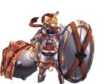  ahoge armor armored_boots boots breasts dine_(sennen_sensou_aegis) full_body green_eyes hair_between_eyes highres holding_shield huge_weapon large_breasts long_hair looking_at_viewer mace official_art plaid sennen_sensou_aigis shield side_ponytail skirt tasaka_shinnosuke very_long_hair weapon 