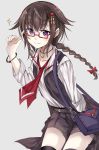  1girl alternate_costume bag blush bow braid brown_hair casual commentary_request glasses grey_background hair_bow hair_flaps hair_ornament handbag highres jewelry kantai_collection long_hair necklace necktie red-framed_eyewear remodel_(kantai_collection) sameya semi-rimless_glasses shigure_(kantai_collection) smile solo sparkle under-rim_glasses violet_eyes 