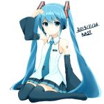  1girl 2015 absurdly_long_hair arm_up blue_eyes blue_hair blue_necktie boots dated detached_sleeves eyebrows eyebrows_visible_through_hair hair_between_eyes hair_ornament hatsune_miku headphones kaieee kneeling long_hair looking_at_viewer microphone necktie number pleated_skirt shirt simple_background skirt sleeveless solo thigh-highs thigh_boots twintails very_long_hair vocaloid white_background white_shirt zettai_ryouiki 