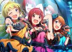  3girls :d ;d ahoge aqua_eyes artist_request blush brown_eyes brown_hair choker green_hair hair_ornament hairband idolmaster idolmaster_million_live! long_hair microphone multiple_girls one_eye_closed open_mouth pointing shimabara_elena smile stage stage_lights tanaka_kotoha tokoro_megumi 