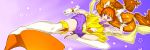  1girl amanogawa_kirara boots cure_twinkle earrings female go!_princess_precure highres jewelry kazuma_muramasa kicking magical_girl orange_hair precure purple_background solo star star_earrings starry_background thigh-highs thigh_boots violet_eyes 