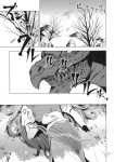  1girl bare_tree comic dragon dress female highres hong_meiling long_hair lying monochrome mountain nature on_back outdoors plant sky solo touhou tree zounose 