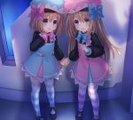  2girls blue_eyes brown_hair choujigen_game_neptune game_cg hat highres long_hair looking_at_viewer multiple_girls neptune_(series) official_art ram_(choujigen_game_neptune) rom_(choujigen_game_neptune) short_hair siblings sisters tears tsunako 