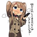  1girl blue_eyes blush brown_hair collar handheld_game_console kanikama long_hair lowres open_mouth original pokemon pokemon_(game) pokemon_sm solo sweat translation_request trench_coat twintails 