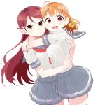  2girls brain hair_ribbon holding long_hair love_live! love_live!_school_idol_project love_live!_sunshine!! multiple_girls orange_hair red_eyes redhead ribbon sakurauchi_riko school_uniform takami_chika totoki86 white_background yellow_eyes 