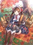  1girl alicia_melchiott artist_request black_gloves blue_legwear bread brown_eyes brown_hair food gloves grass leaf long_hair looking_at_viewer outdoors senjou_no_valkyria senjou_no_valkyria_1 sitting solo thigh-highs tree twintails watermark 